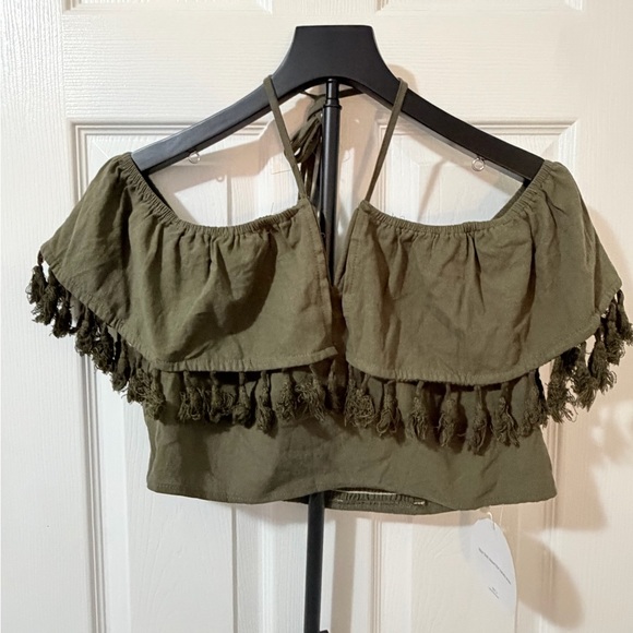 SHEIN Tops - SHEIN Olive Green Off-Shoulder Tassel Crop Top